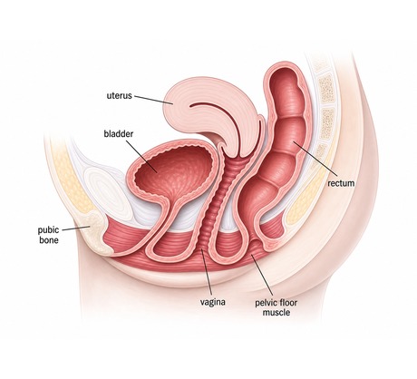 The pelvic floor muscles spanning from the pubic bone to the sacrum